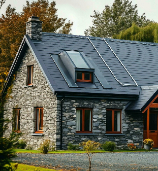 a modern private house is covered with metal tiles roofing or grey slate roof vintage curved frame concept by ai generated free photo 1